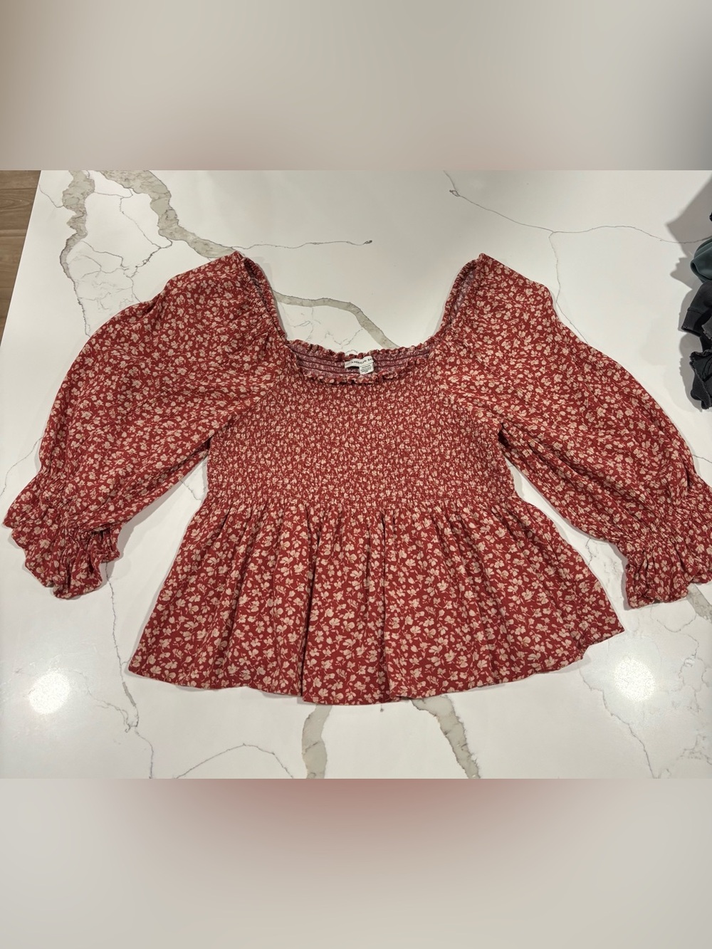 American Eagle Outfitters Red Floral Smocked Peplum Top